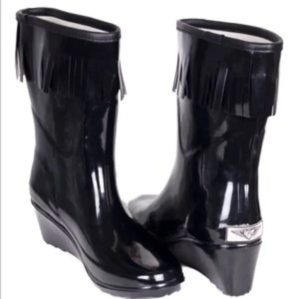 Women's Rubber Rain Boots /w Wedge Heels & Tassels Garden Rainboots, NEW